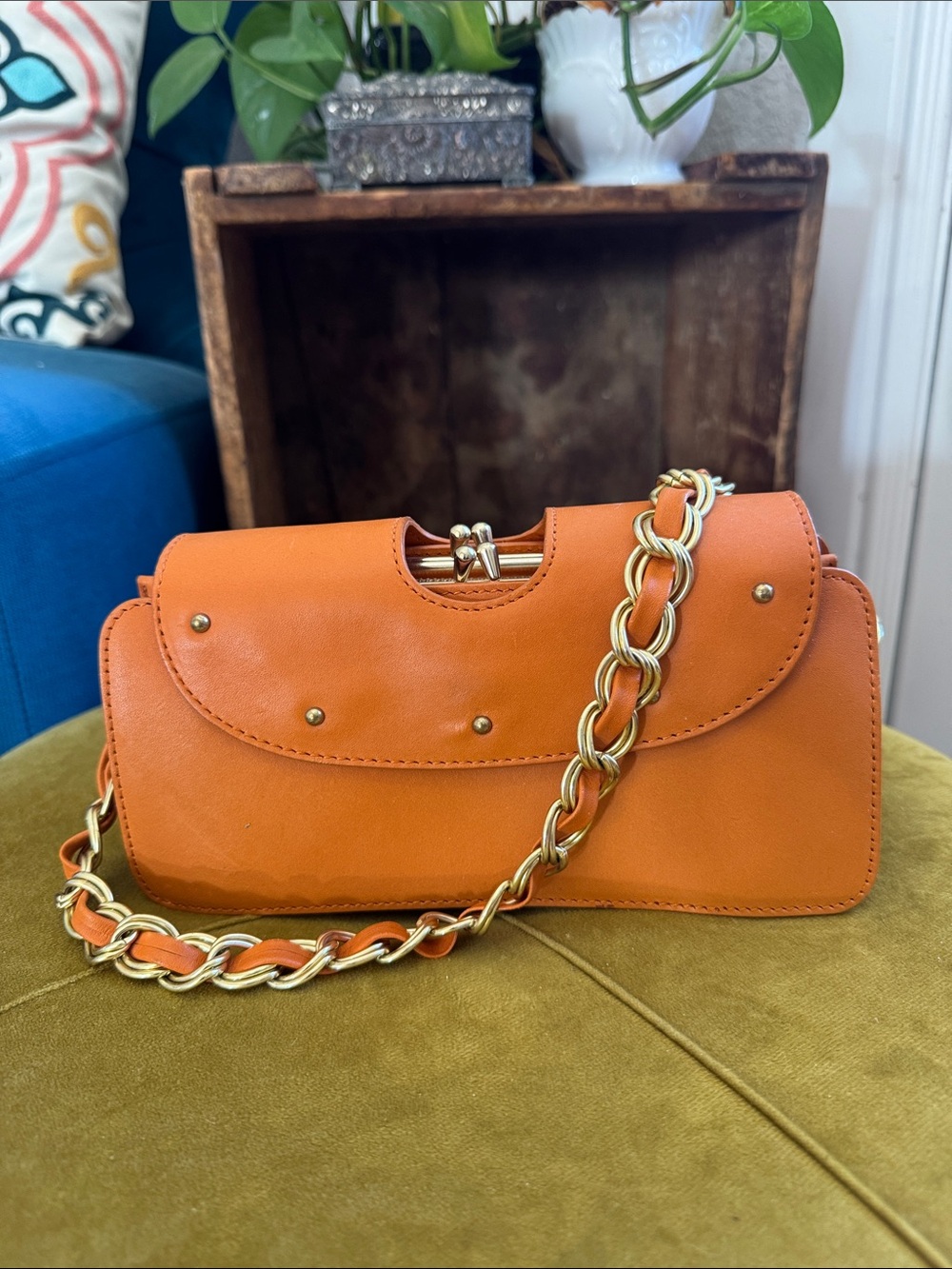 Ann Taylor Orange 100% Leather Purse with Gold Chain